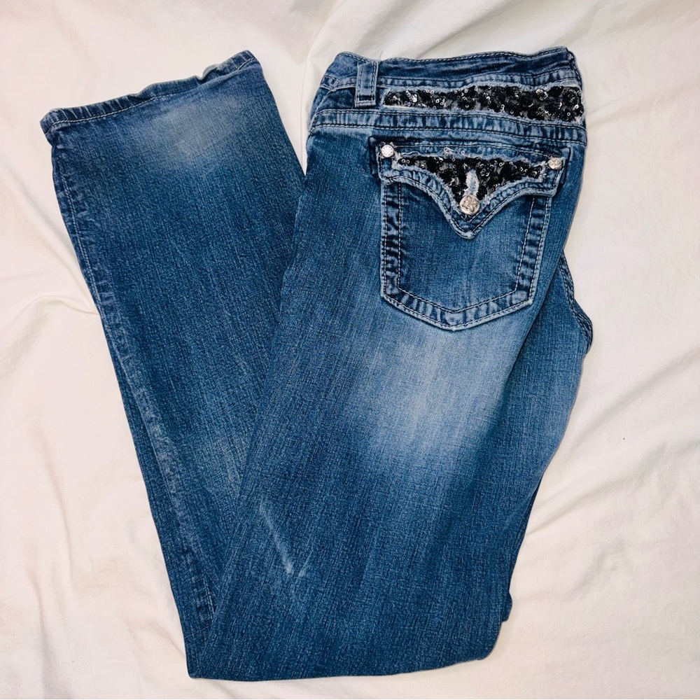 Miss Me Boot Cut Blue Jeans size 33 with Black Details - Picture 10 of 13